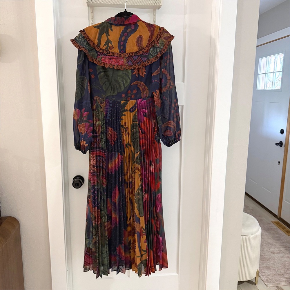Farm Rio Mixed Print Pleated Maxi Dress Boho Colorful Maximalist Modest Vacay XS - Picture 2 of 8